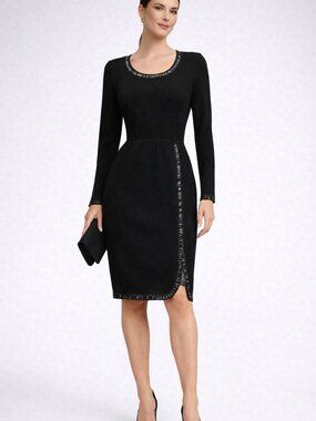 Vintage St John Black Knit Dress Beaded Trim Long Sleeve Size 4